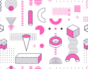 Poster - Seamless Memphis style graphic design wallpaper pattern. Repeatable hand drawn geometric shapes outline vector illustration. Geometry elements contour texture.