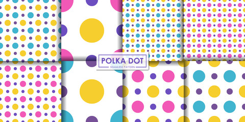 Wall Mural - Colorful polka dot seamless pattern set.