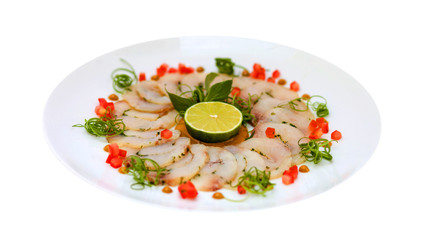 Wall Mural - appetizer of sliced fish isolated on white,  food menu 