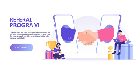 Referral marketing concept. Business people shaking hands in big smartphone. Refer A Friend loyalty program. Promotion method. Landing page template. Web banner. Modern isolated vector illustration