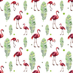 Watercolor seamless pattern with flamingo. Hand drawing decorative background. Hand drawn watercolor illustration. Print for textile, cloth, wallpaper, scrapbooking