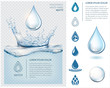 © JL-art - Blue transparent water splashes and drops and collection of icons for your logo. Realistic isolated vector illustration