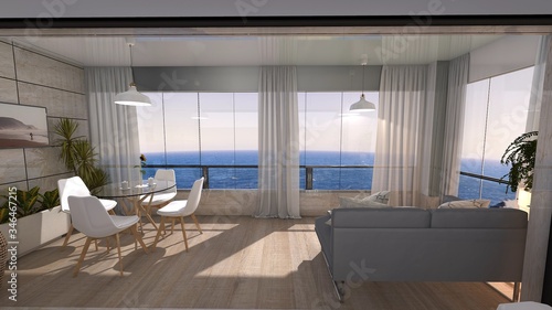 Fotomural TERRAZA CON VISTAS AL MAR CON CERRAMIENTO INVISIBLE . RENDER 3D