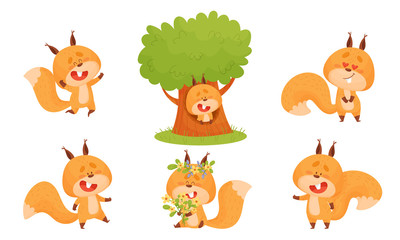 Wall Mural - Cute Squirrel Character Doing Different Activities Vector Set