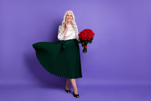 Full Length Body Size View Of Nice Lovely Cheerful Grey-haired Woman Holding In Hand Red Roses Wearing Fashionable Green Skirt Isolated Bright Vivid Shine Vibrant Lilac Violet Purple Color Background