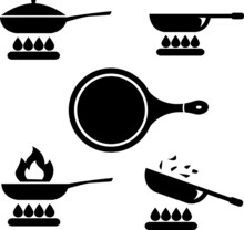 Frying Pan Or Skillet And Wok On Stove Cooking Vector Icon Set