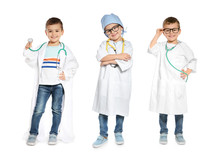 Collage Of Cute Little Child Wearing Doctor Uniform On White Background