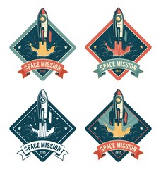 Wall Mural - rocket start in space vintage badge. spaceship retro emblem. vector illustration.