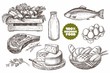 © nata_danilenko - Set of illustrations of farm products. Natural products: meat, cheese, bread, milk, eggs, fish, vegetables. Vintage design.