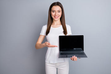 Wall Mural - best solution for covid-19 quarantine distance work, positive girl promoter hold laptop point hand d