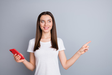 Sticker - Portrait of her she nice-looking attractive lovely pretty cute curious cheerful cheery straight-haired girl using cell demonstrating copy space isolated over grey pastel color background