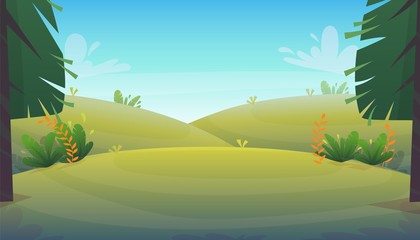 Wall Mural - grass glade lawn in the forest background, joyful bright kids green field, cartoon style hill summer sun clear sky with clouds bushes and flowers in the garden with fir trees , vector