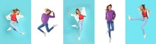 Collage With Photos Of Woman In Fashion Clothes Jumping On Different Color Backgrounds. Banner Design