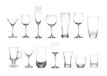Set Of Different Empty Glasses On White Background
