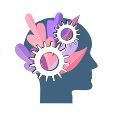 Personal development vector concept. NLP symbol, Natural Language Processing, mental growth idea. Human head with gears and tree
