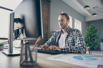 Sticker - Photo of handsome business guy look computer monitor table chatting colleagues partners seriously reading corporate report wear casual shirt suit sitting chair office indoors