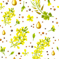 Wall Mural - Seamless background of flower, seeds and leaves mustard. Vector illustration.