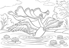 Vector - Swan Princess With Opened Wings On A Lake With Water Lilies. Contour Coloring Book Illustration.