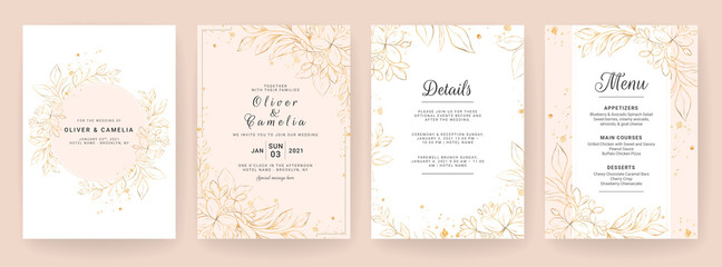 Wedding invitation card template set with line art floral decoration. Abstract background save the date, invitation, greeting card, multi-purpose vector