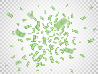 Dollar banknotes falling on transparent background. Dollars icon explosion. Money in a flat style. Cartoon cash sign. Currency collection. Paper bank notes. Jackpot, big win. Vector illustration