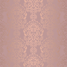 Damask Openwork Seamless Floral Pattern. Pink-beige Gold Background Color, Lace Fabric In Vector