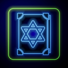 Glowing neon Ancient magic book with alchemy recipes and mystic spells and enchantments icon isolated on blue background.  Vector Illustration