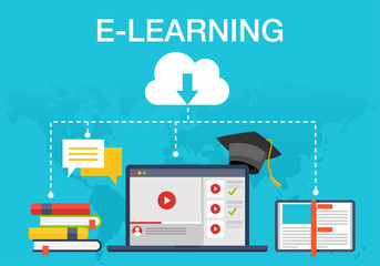 Vector illustration of online learning. Suitable for promotion of E-Learning services, distance teaching, and learning web backgrounds. Internet technology in the world of education.