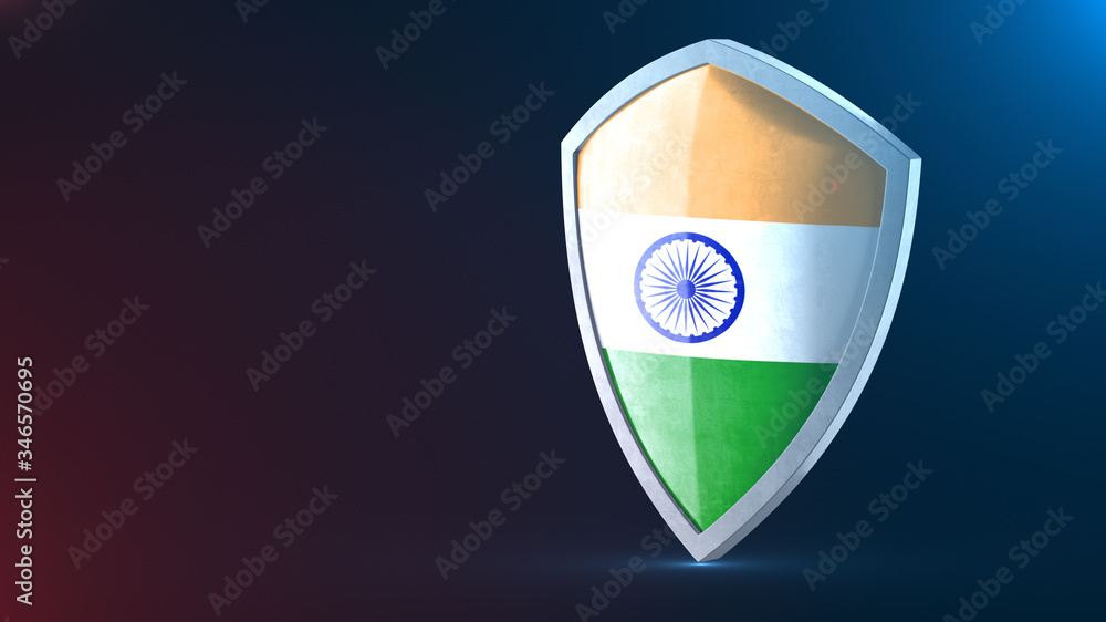 Protection shield and safeguard concept. Shiny steel armor painted as national flag of India. Safety badge icon. Privacy banner. Security label and Defense sign. Force and strong symbol. 3D rendering