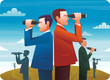 Business people stand on top of the hill using .binoculars looking for success, opportunities, future business trends.
