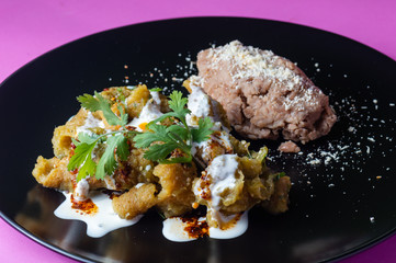 Wall Mural - Pork rinds in green salsa with refried beans