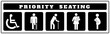 © Ishanka - priority seating icons for Sticker on black background, Disable, passenger elderly, passenger, pregnant, old man, woman with infant