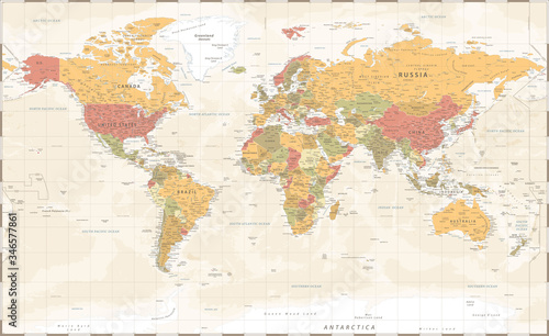 World Map Vintage Political - Vector Detailed Illustration - Layers Poster Mural XXL