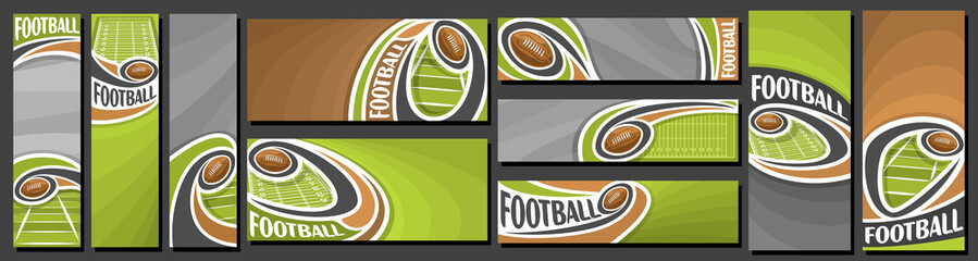 Wall Mural - Vector set of American Football Banners, vertical and horizontal art templates for american football events with illustration of sport field and flying on curve trajectory ball on brown background.