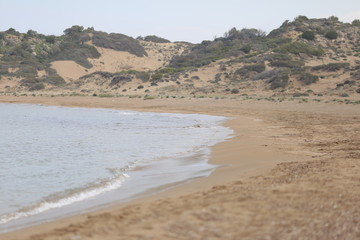 Wall Mural - Desert landscape of Northern Cyprus Kyrenia coastline with stones and sand Alagadi turtle beach.