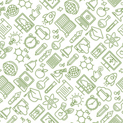 Online education seamless pattern with linear icons. E-learning, online course, webinar, e-book, video conference, home studying. Modern line style vector illustration. Stay home background.