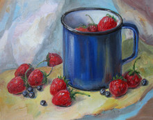 A Blue Cup Of Strawberries, Oil Painting