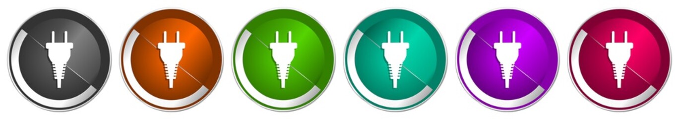 Aufkleber - Plug icon set, silver metallic chrome border vector web buttons in 6 colors options for webdesign