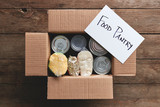 Fototapeta  - a box full of food items for a food pantry delivery.