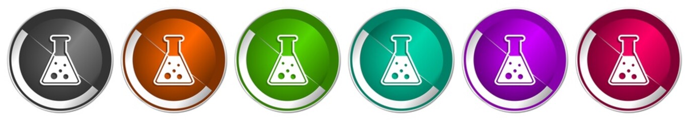 Poster - Science, laboratory, chemistry icon set, silver metallic chrome border vector web buttons in 6 colors options for webdesign