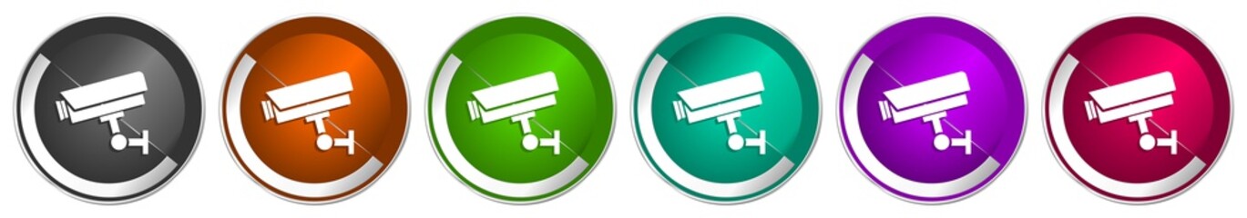 Poster - Cctv camera icon set, silver metallic chrome border vector web buttons in 6 colors options for webdesign