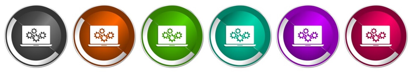 Aufkleber - Laptop icon set, notebook, computer silver metallic chrome border vector web buttons in 6 colors options for webdesign