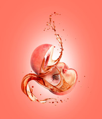 Wall Mural - Juice splashes out from the cutted peach on a pink background