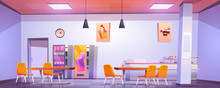 Canteen Interior In School, College Or Office. Vector Cartoon Illustration Of Cafeteria, Dining Room In University, Cafe With Tables And Chairs, Counter Bar And Vending Machines With Food And Drink