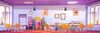 © klyaksun - Canteen interior in school, college or office. Vector cartoon illustration of cafeteria, dining room in university, cafe with tables and chairs, counter bar, vending machines, menu on wall and windows