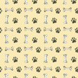 © Vola Tsiukhai - Seamless pattern with watercolor footprints and bone. Hand drawn illustration is isolated on beige. Painted template is perfect for pet shop design, veterinary clinic, fabric textile, wallpaper