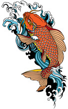 Koi Carp Swimming Upstream. Japanese Gold Fish With Water Waves. Tattoo . Vector Illustration