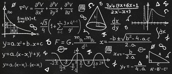 Math formulas on a textured chalkboard. Black background. Education concept