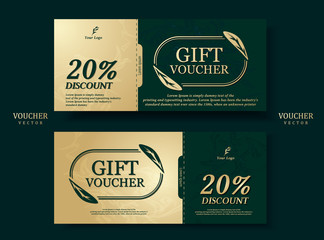 Gift card format Emerald green tones Decorated with gold leaf ellipse, modern, smooth, elegant, Middle East. Sales promotion. Illustration/Vector