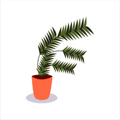 Indoor plant of palm leaves in a flower pot. Decorative element for home interior, concept. Stay at home. Vector illustration on isolated white background. Flat style