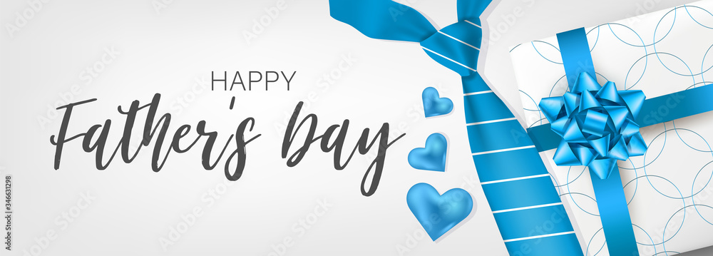 Happy Father's Day banner or header. Blue tie and gift box. Vector illustration. - obrazy, fototapety, plakaty 